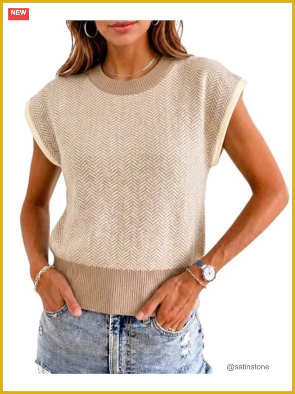 Cap Sleeve Knit Sweater Vest Herringbone Crop Pullover